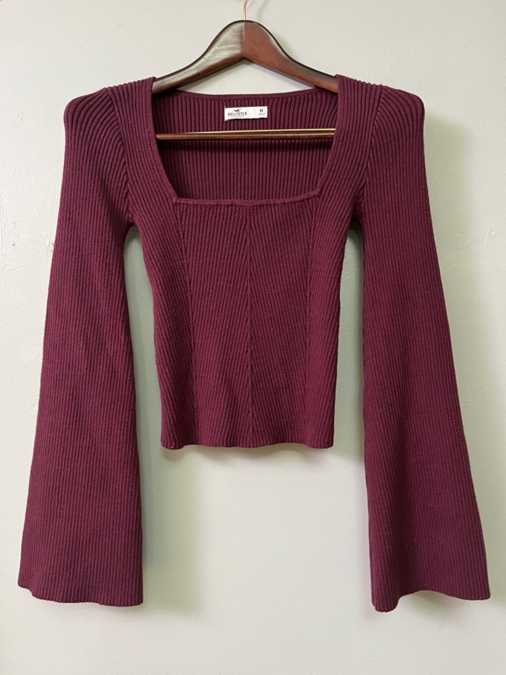 Hollister Ribbed Square-Neck Bell Sleeve Top - Wine